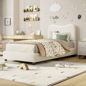 Platform Bed, Cream Velvet Texture with Scalloped Headboard Design