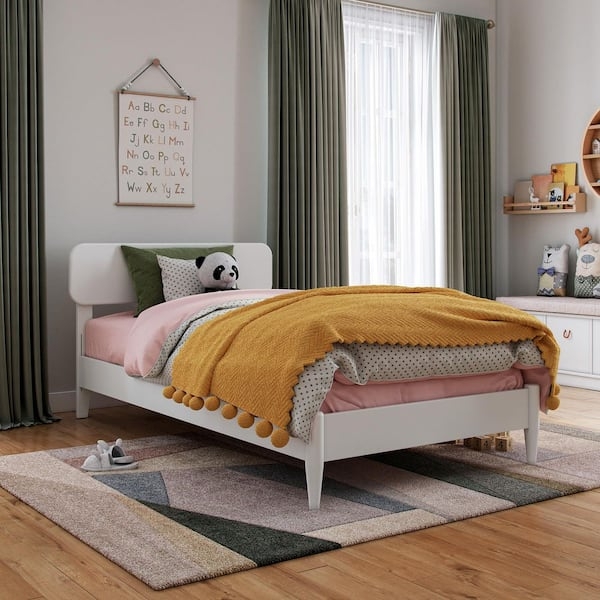 Platform Bed, Crisp White Rounded Headboard with Tapered Legs