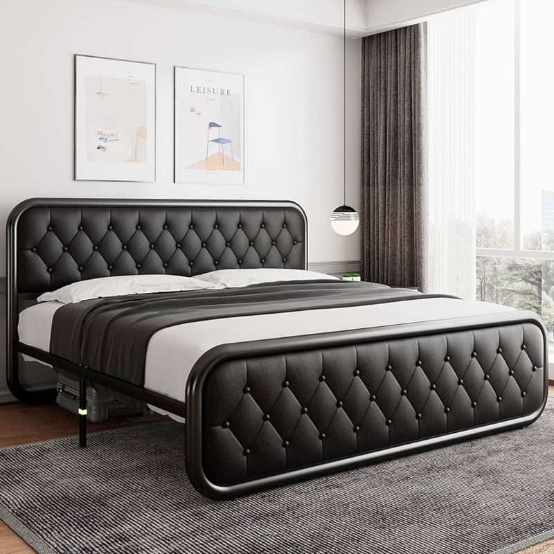 Platform Bed, Diamond Tufted Footboard, Curved Tubular Metal Frame.