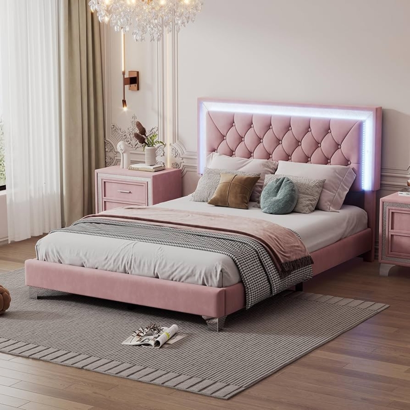 Platform Bed: Dusty Pink Velvet, Tufted with Polished Chrome Legs