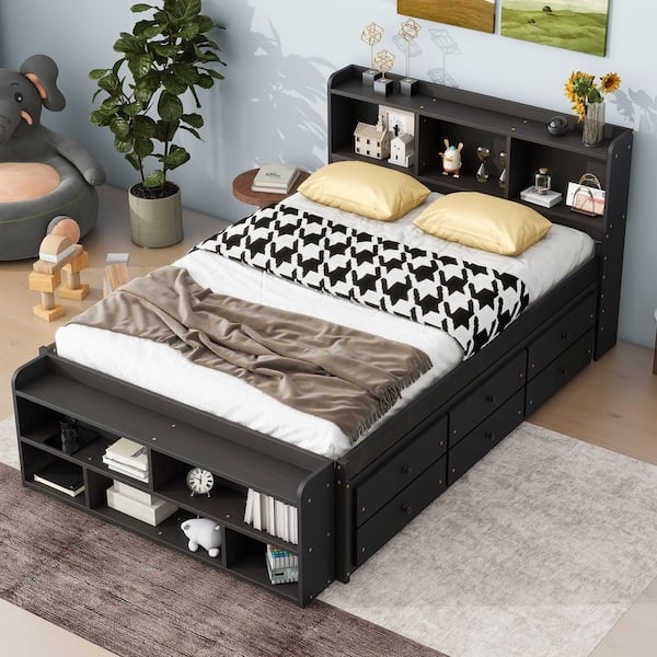 Platform Bed Espresso Brown with Bookcase Headboard Storage