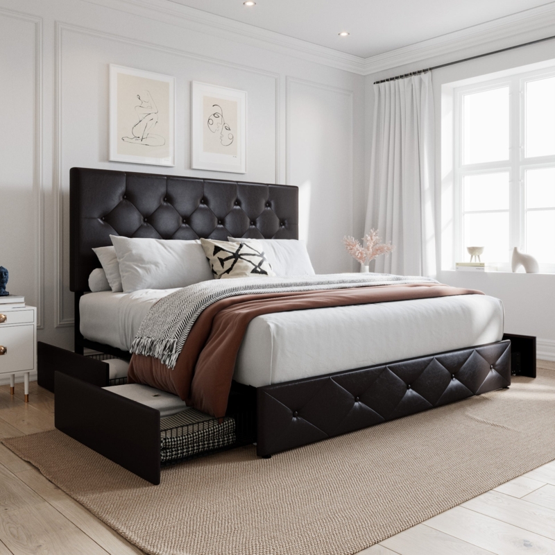 Platform Bed Espresso Tufted Headboard Four Integrated Storage Drawers