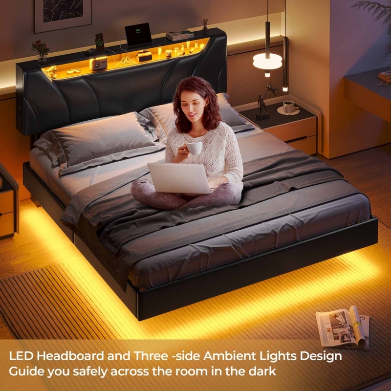 Platform Bed Floating Design Three-Side LED Lighting Storage Headboard
