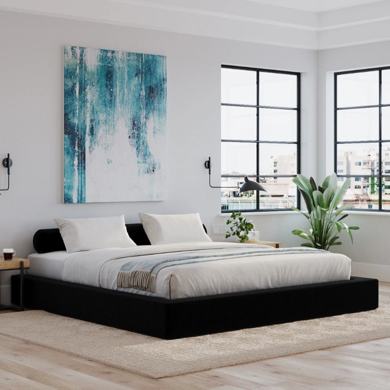Platform Bed Frame Onyx Black Fabric Cushioned Base Bolster Headrest
