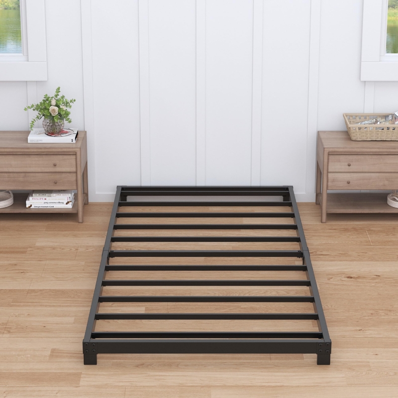 Platform Bed Frame, Ultra Low Profile Matte Black Metal Slats