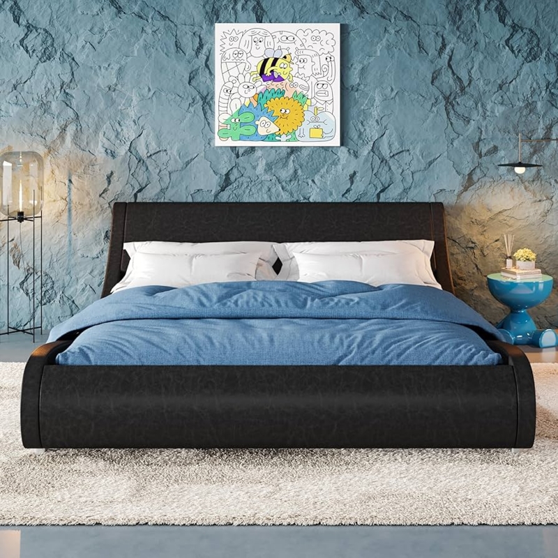Platform Bed Glossy Black Sleigh Silhouette Low Profile Frame