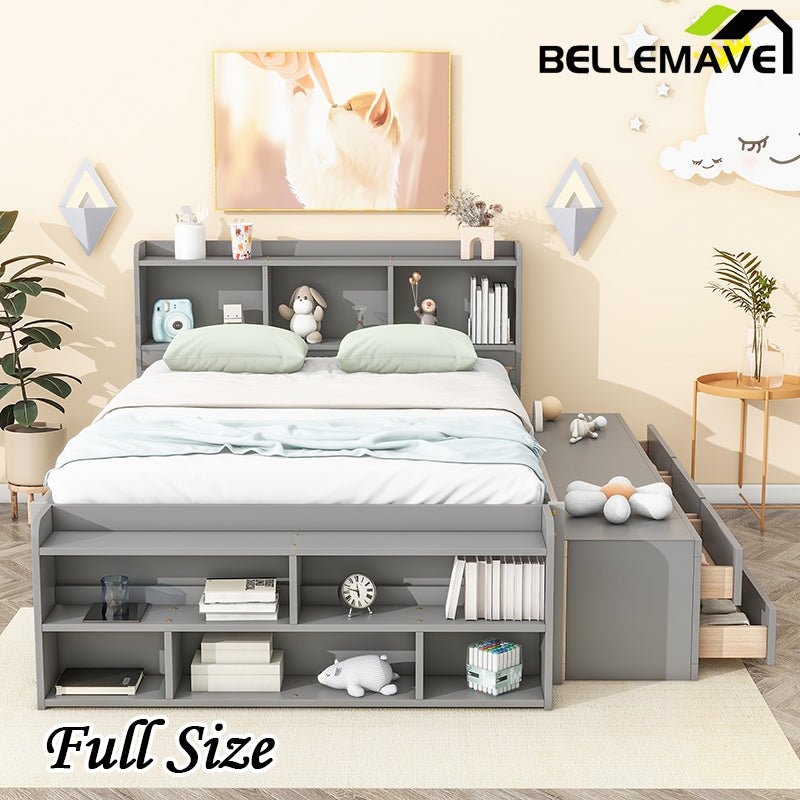 Platform Bed Gray Contemporary Kids Bed with Cubbies and Drawers