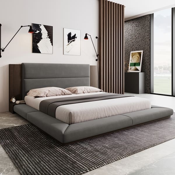 Platform Bed Gray Extended Headboard Built In Shelves Walnut