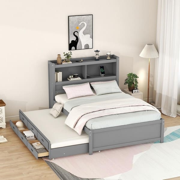 Platform Bed Gray with USB Charging Headboard and Trundle Drawers