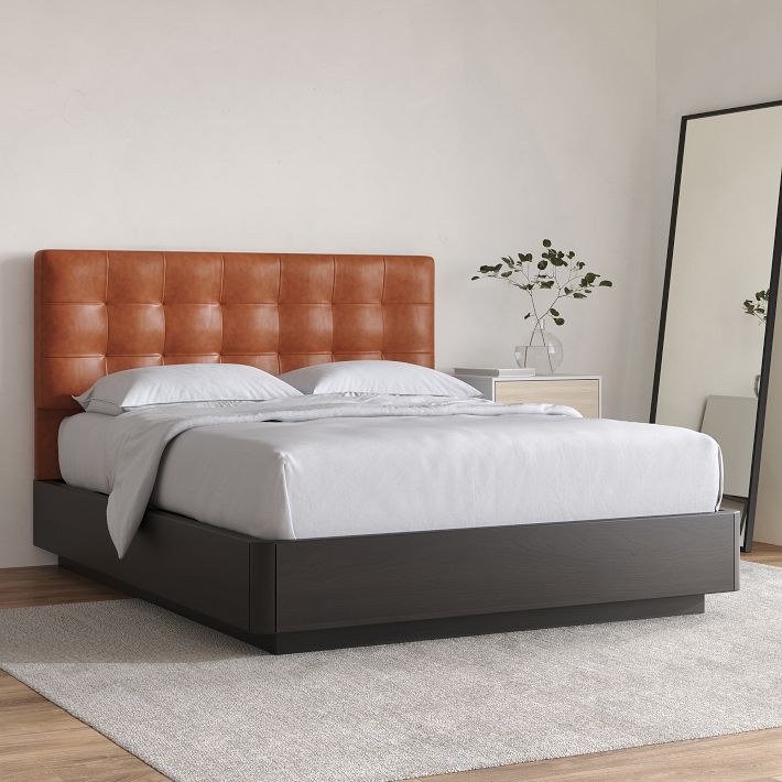 Platform Bed, Grid Tufted Headboard, Floating Base, Mid-Century Style.