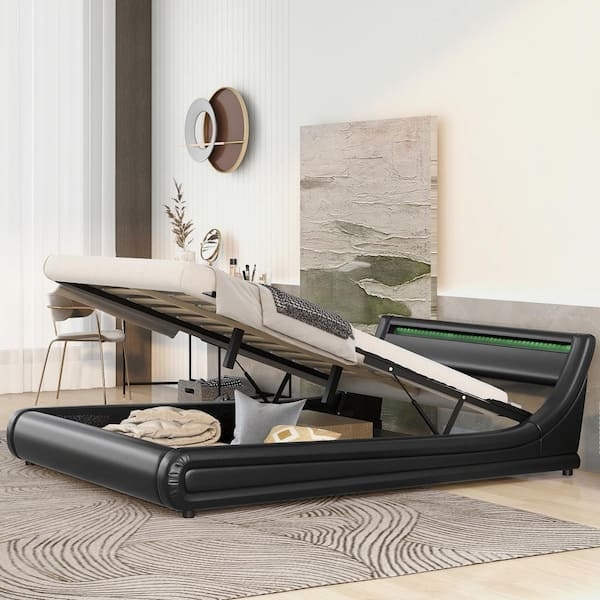 Platform Bed Hydraulic Lift Under Bed Storage Emerald Green LED Headboard