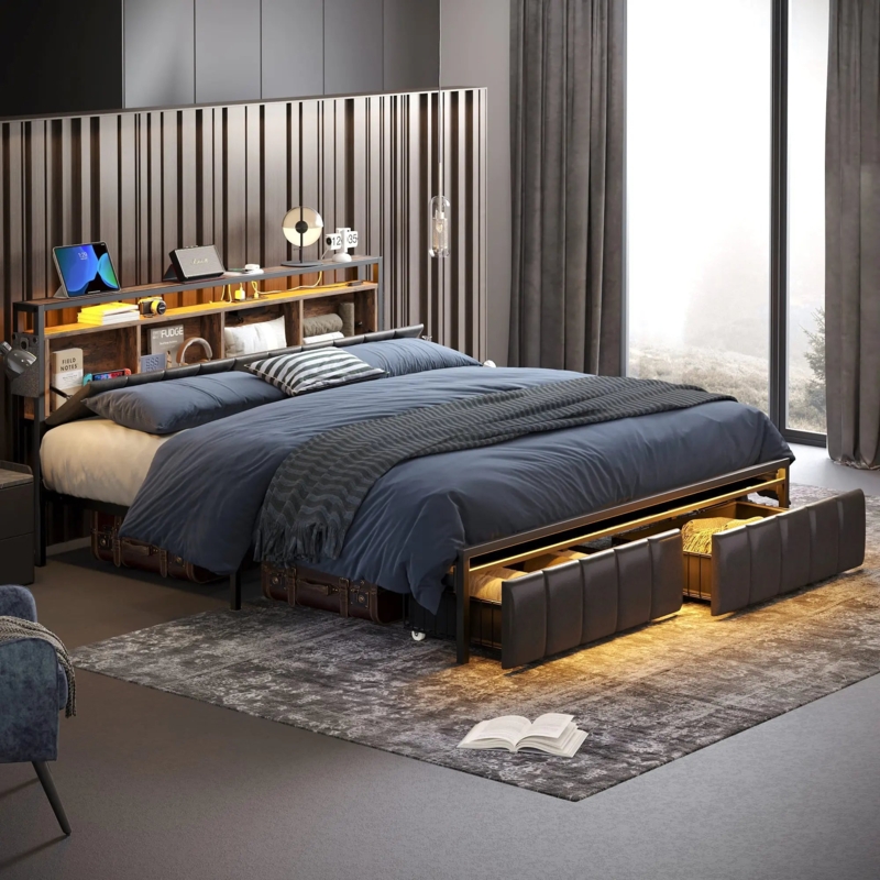 Platform Bed Industrial Black Metal Shelf Headboard Wire Mesh Drawers