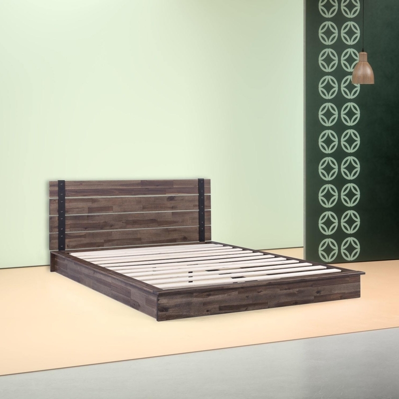 Platform Bed, Industrial Walnut Wood with Black Metal Straps