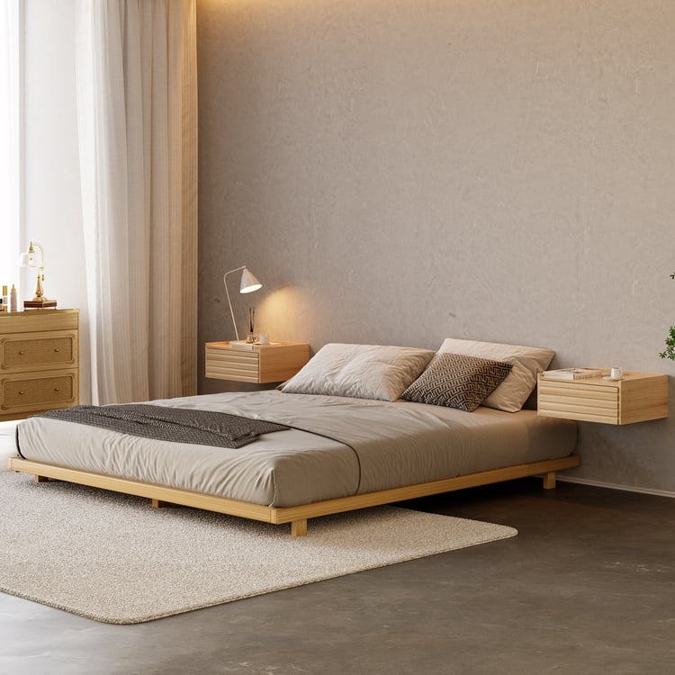 Platform Bed Japandi Natural Wood Floating Nightstands Ribbed Accents