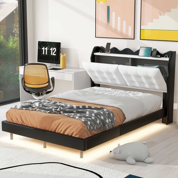 Platform Bed LED Lighting Storage Headboard Pivoting Tufted Cushions