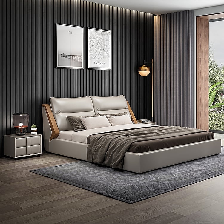 Platform Bed Light Grey Dual Cushion Headboard Warm Wood Wing Accents