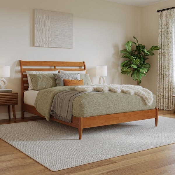 Platform Bed Light Toffee Wood Slatted Headboard Tapered Legs