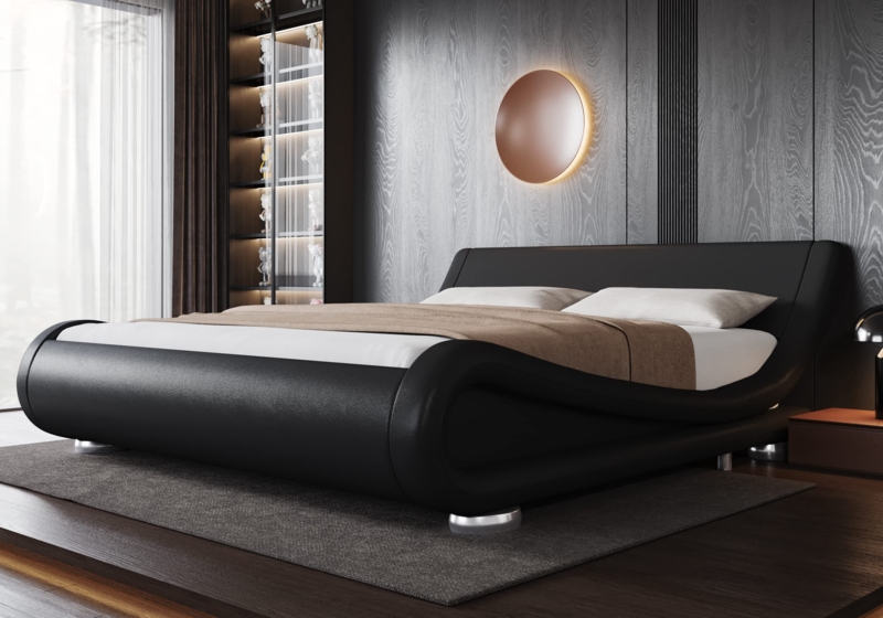 Platform Bed Matte Black Curved Side Rails Cylindrical Legs