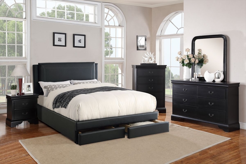 Platform Bed Matte Black Panel Headboard Underbed Storage Drawers