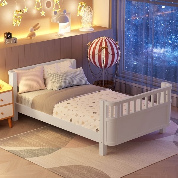 Platform Bed, Matte White Low Profile with Slatted Footboard Railing