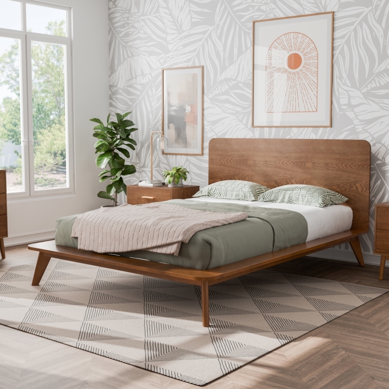 Platform Bed Midcentury Walnut Wood Curved Headboard Tapered Legs