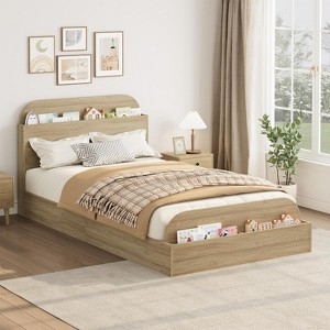 Platform Bed, Natural Wood Grain with Storage Footboard and Shelving