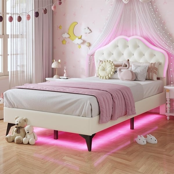 Platform Bed: Off-White Fabric with Pink LED Underglow Feature
