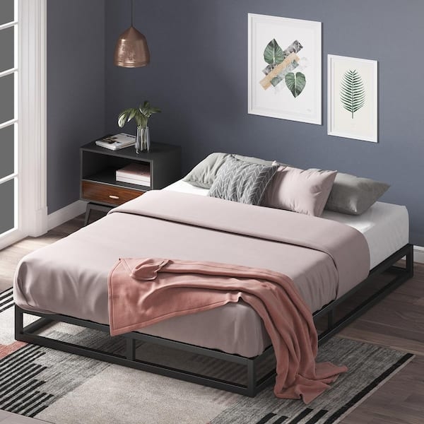 Platform Bed Open Frame Matte Black Metal Minimalist Low Profile