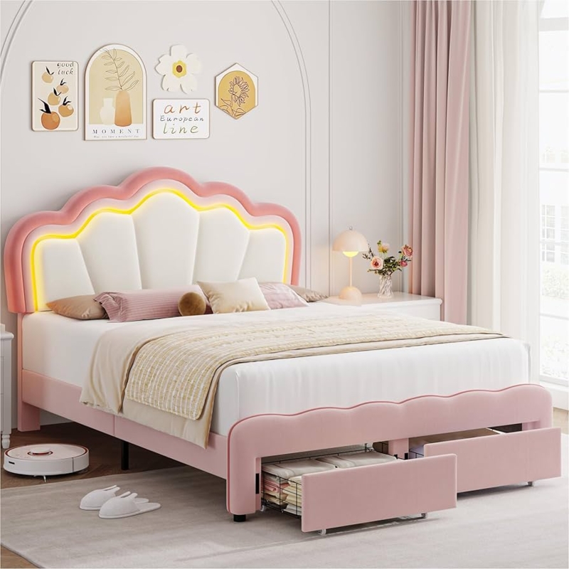 Platform Bed: Pastel Pink Lotus Scalloped Headboard & Storage