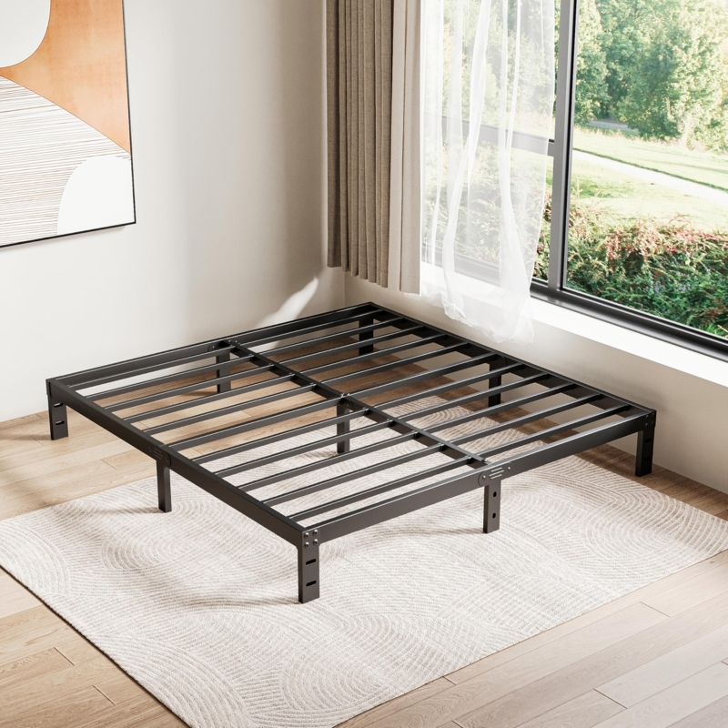 Platform Bed Recessed Legs Matte Black Metal Heavy Duty Slat Base