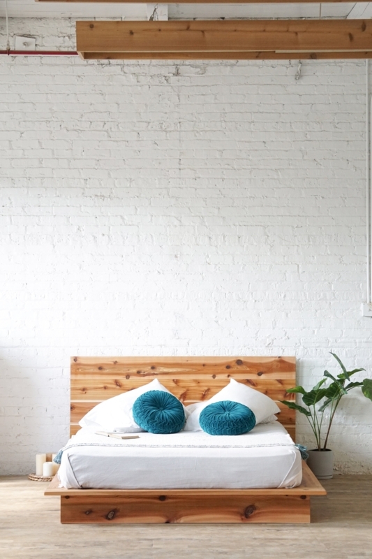 Platform Bed Rustic Modern Wood Plank Headboard Wide Overhang Grain