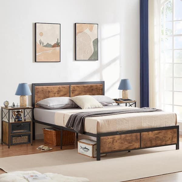 Platform Bed Set Integrated Wicker Storage Baskets Metal Frame