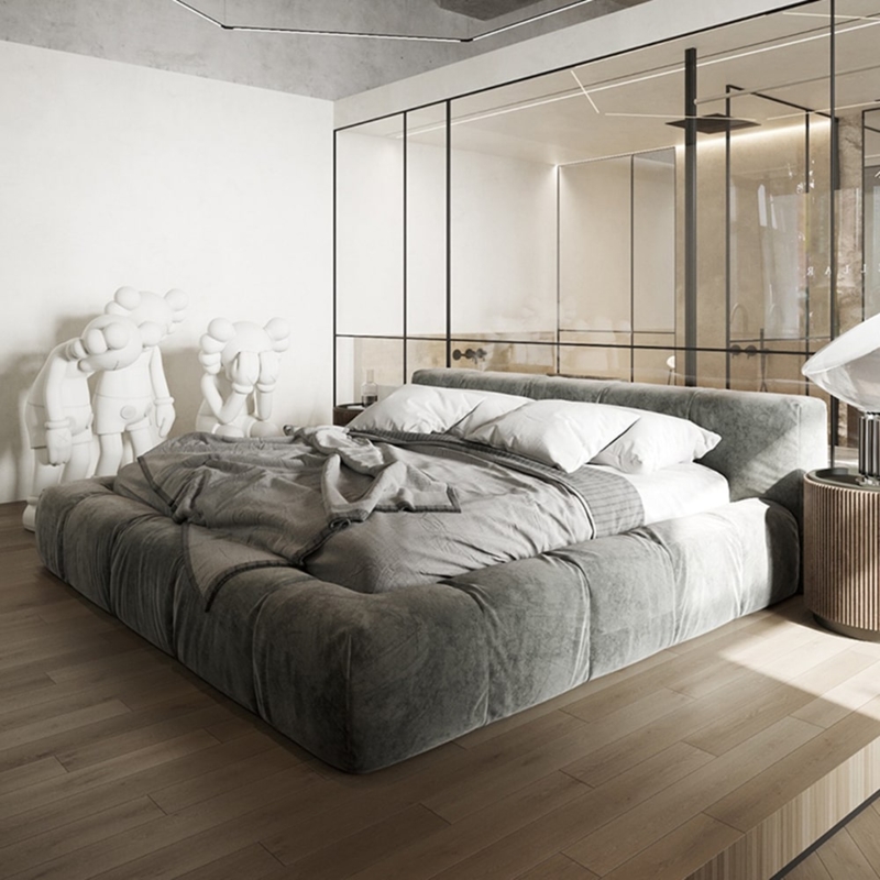 Platform Bed Slate Gray Velvet Chunky Paneled Frame