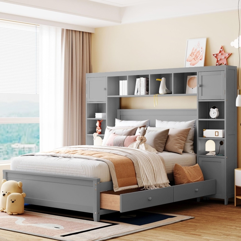 Platform Bed Slate Gray with Side Cabinets and Bookcase