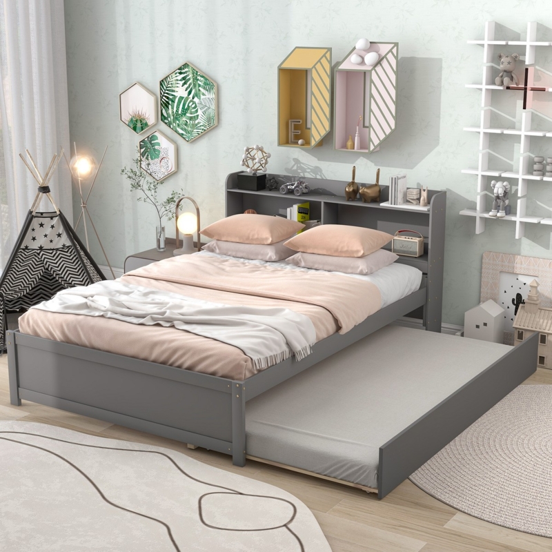 Platform Bed Slate Gray with Trundle Bed and Slatted Base