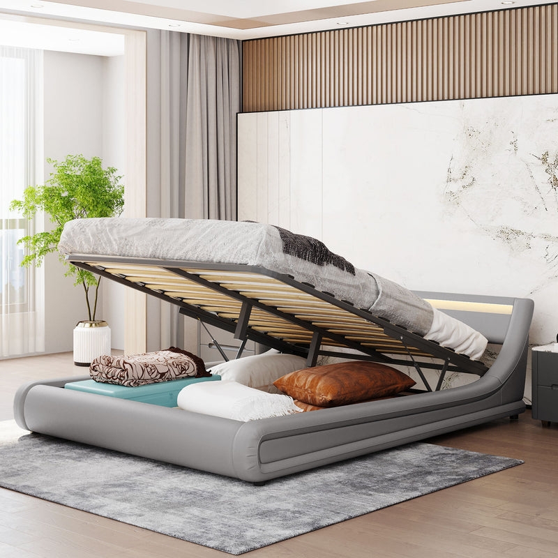 Platform Bed Slate Grey Hydraulic Storage LED Headboard Curved Silhouette