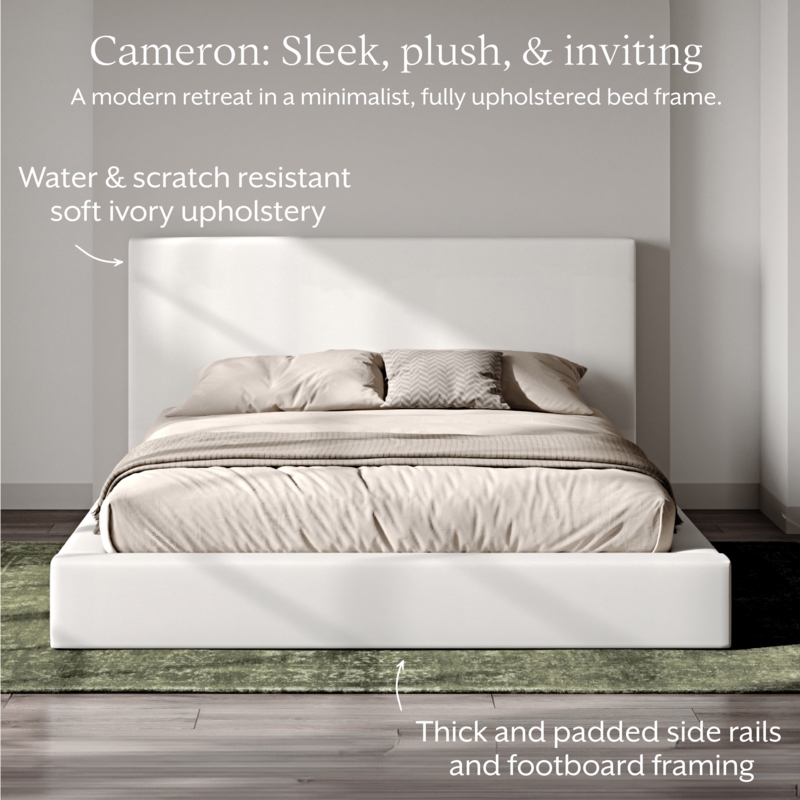 Platform Bed Soft Ivory Upholstered Thick Padded Rails Modern Retreat
