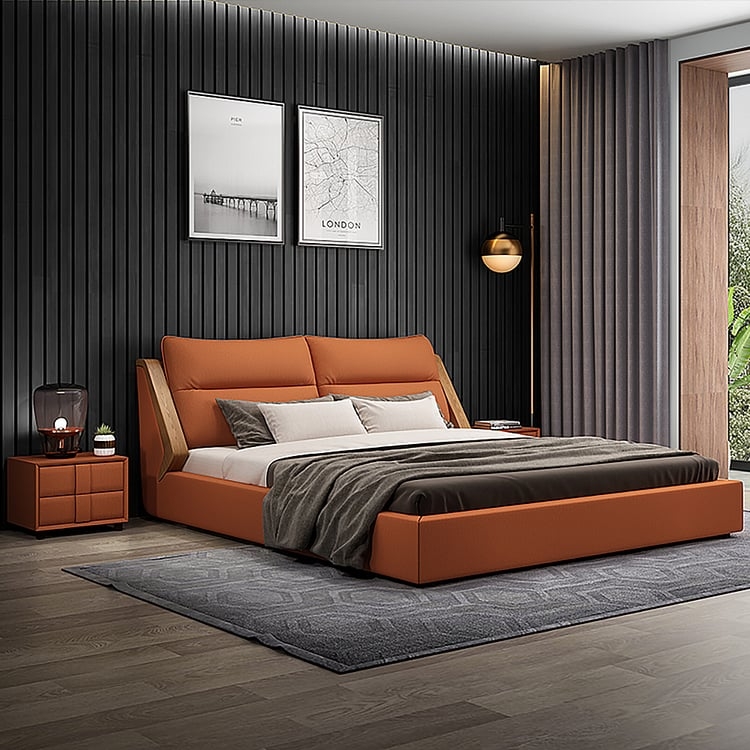 Platform Bed Terracotta Cushioned Headboard Wood Wing Accents