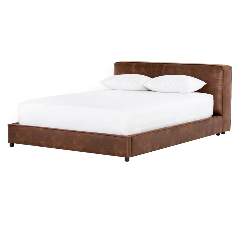 Platform Bed Vintage Chestnut Leather Like Rounded Corners Low Frame