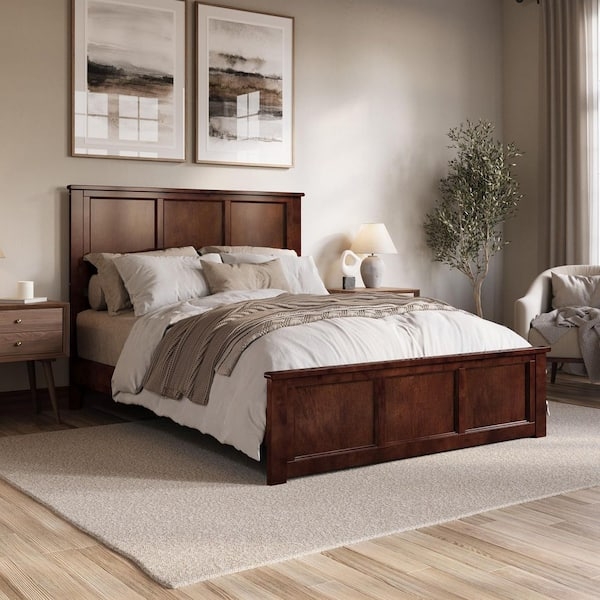 Platform Bed Walnut Brown Wood Matching Footboard Panelled Design