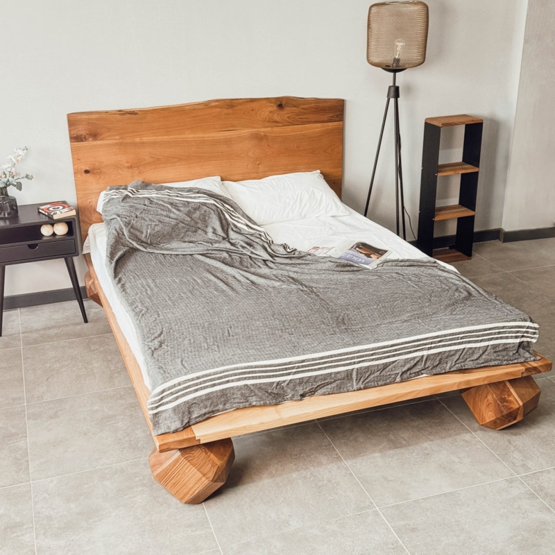 Platform Bed Walnut Live Edge Headboard Faceted Legs