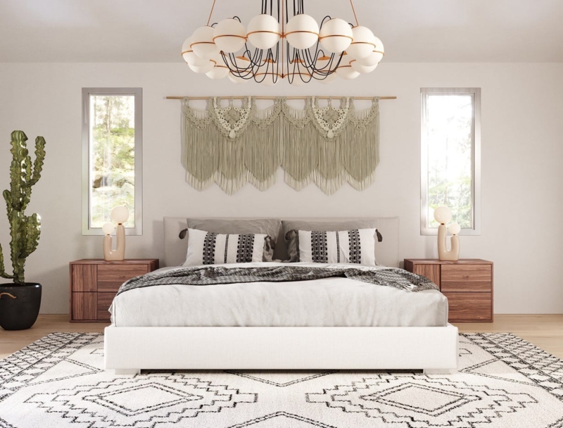 Platform Bed Warm Beige Fabric Low Headboard Block Base