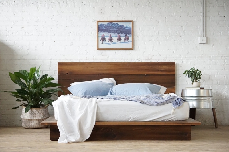 Platform Bed Weathered Wood Recessed Base Wide Headboard