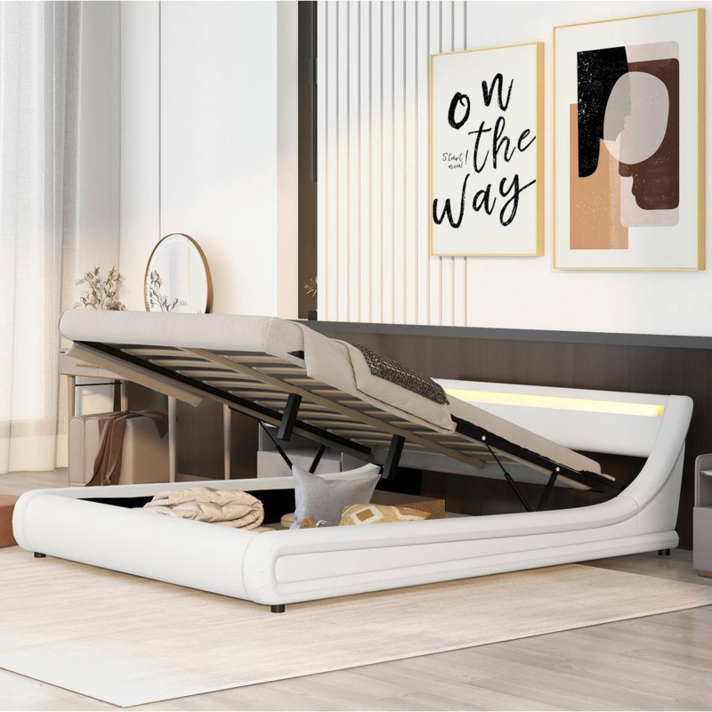 Platform Bed White Faux Leather Curved Side Rails Hydraulic Storage LED