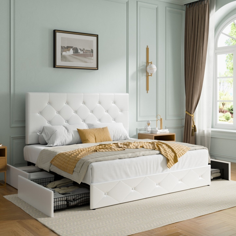 Platform Bed White Faux Leather Diamond Tufting Adjustable Headboard