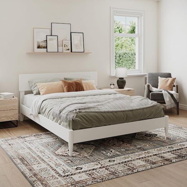 Platform Bed White Painted Wood Tapered Legs Scandinavian Minimalist