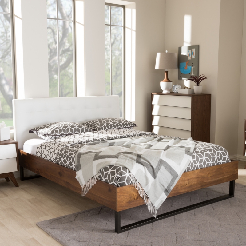 Platform Bed White Tufted Headboard Walnut Wood Dark Bronze Base