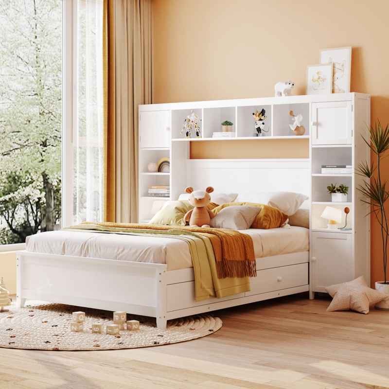 Platform Storage Bed Crisp White with Side Cabinets and Knob Hardware