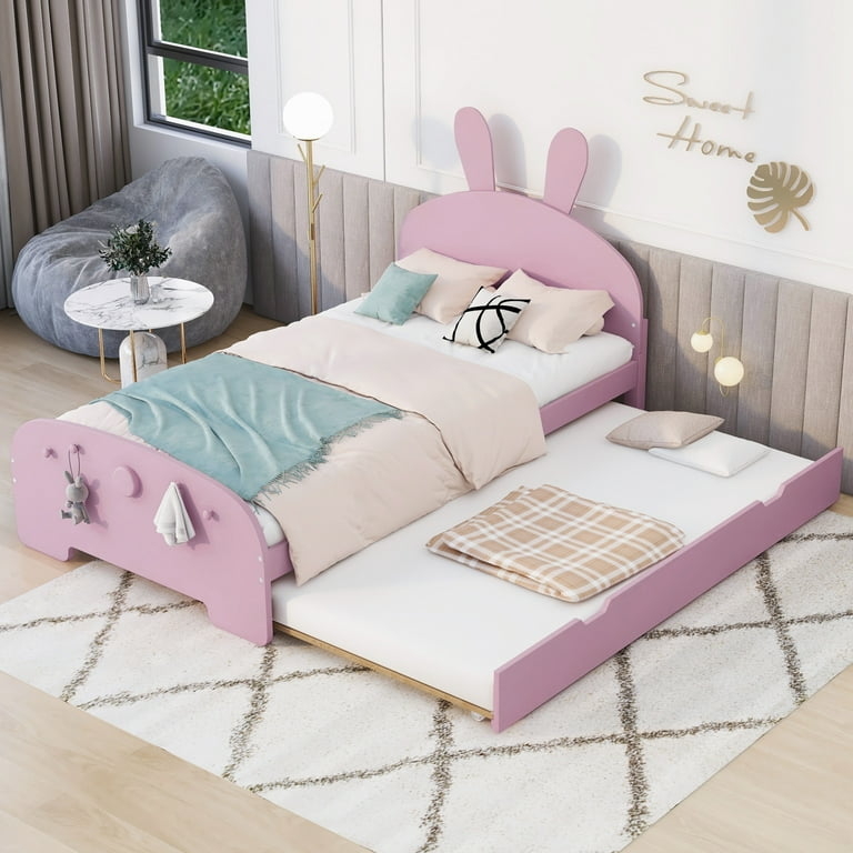 Platform Trundle Bed: Pastel Pink with Rabbit Ear Headboard