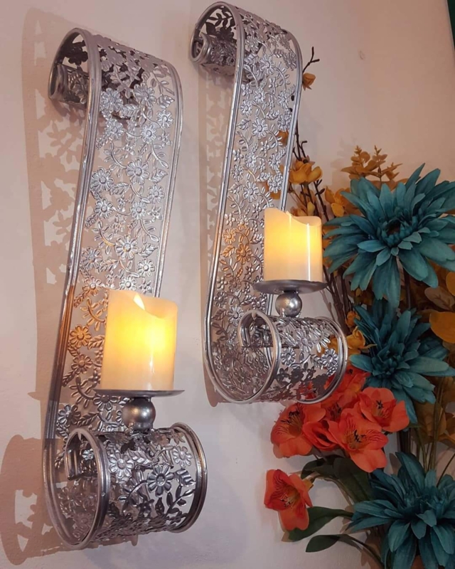 Platinum Silver Wall Sconces with Intricate Floral Cutout Patterns